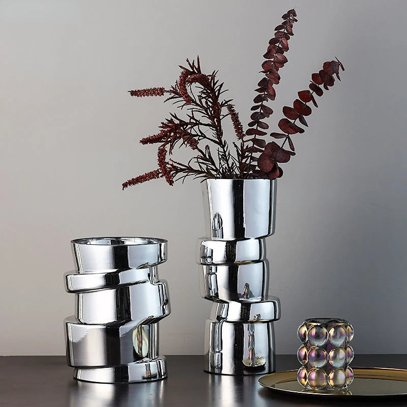 Elevate Your Space with the Modern Silver Glass Geometry Twist Vase - Perfect for Hydroponics and Terrarium Decor