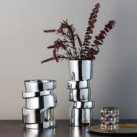 Elevate Your Space with the Modern Silver Glass Geometry Twist Vase - Perfect for Hydroponics and Terrarium Decor