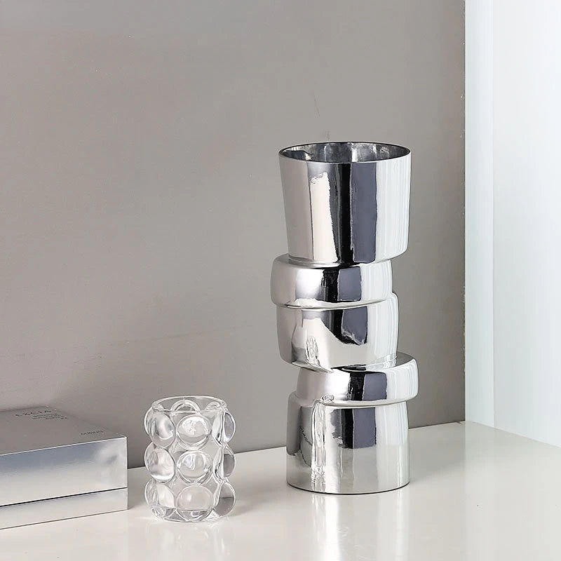 Elevate Your Space with the Modern Silver Glass Geometry Twist Vase - Perfect for Hydroponics and Terrarium Decor