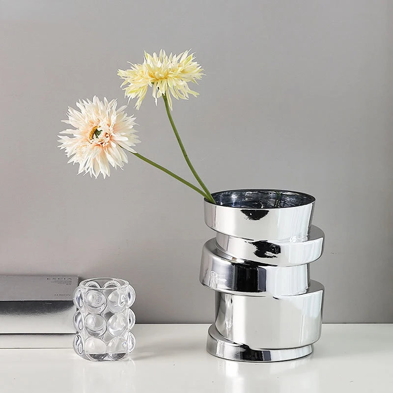 Elevate Your Space with the Modern Silver Glass Geometry Twist Vase - Perfect for Hydroponics and Terrarium Decor