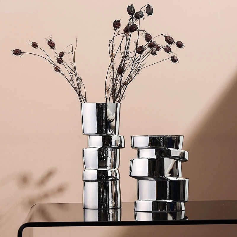 Elevate Your Space with the Modern Silver Glass Geometry Twist Vase - Perfect for Hydroponics and Terrarium Decor